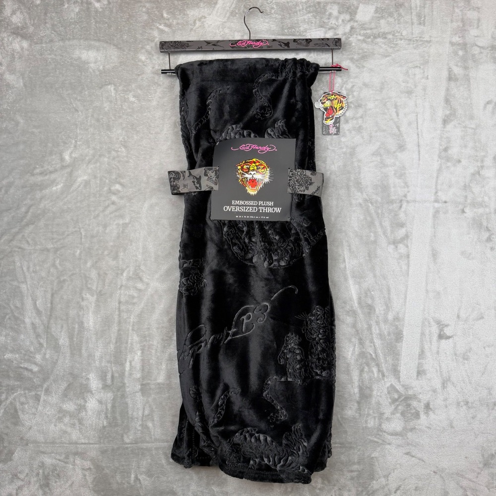 Ed Hardy Black Embossed Plush Oversized Throw Blanket Tiger Logo 60x70 NWT